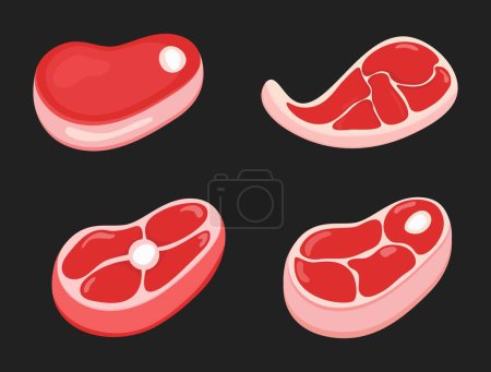 Cartoon beef steaks.Set of juicy and tender pieces of meat.Meat steaks collection close-up on a black background.