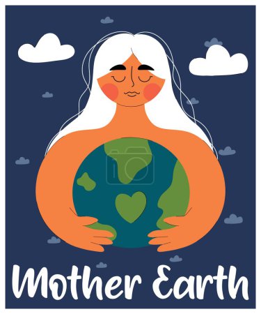 Mujer linda abraza el planeta Tierra con cuidado y amor. Madre naturaleza. El concepto del día de la Tierra. Salva nuestro planeta. Ve verde. Estilo plano de moda con línea.