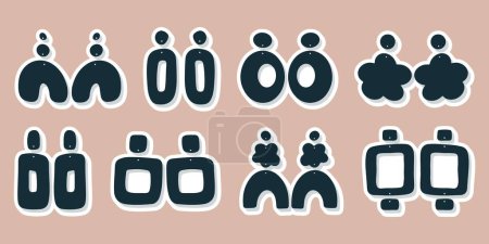 Illustration for Big set of boho style earrings. Stickers. Collection of jewelry. Modern vector illustration. Trendy hand drawn. Earrings templates of various shapes. - Royalty Free Image