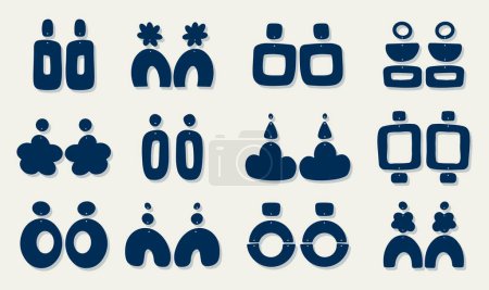 Illustration for Big set of boho style earrings. Collection of jewelry. Modern vector illustration. Trendy hand drawn. Earrings templates of various shapes. - Royalty Free Image