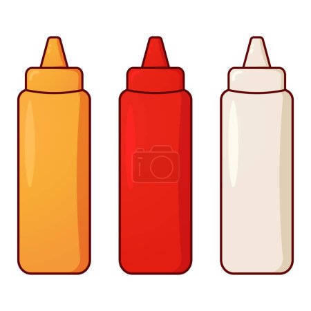 Tomatenketchup, Mayonnaise, Senfsauce oder Grillsoße. Eine Saucenflasche mit verschiedenen Saucen. Kawaii Saucenverpackung im Plastikbehälter. Isolierte Vektorillustration. Cartoon-Stil.