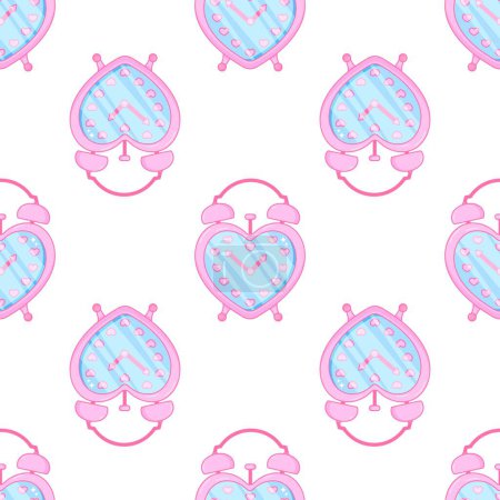 Illustration for Cute girlish alarm clock. Pink glamour. Seamless pattern. Heart shape. - Royalty Free Image