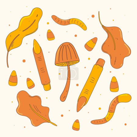 Illustration for Cute and creepy cartoon composition on trendy groovy style. Funky Halloween retro clipart. Witch fingers, jelly worms, fall leaves, candy corn, mushroom. Autumn vibe. - Royalty Free Image