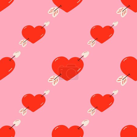 Un patrón lúdico y romántico sin costuras. Corazones de amor rojos vibrantes con flechas adorables de un fondo rosa suave. Ideal para ocasiones festivas o diseños temáticos.