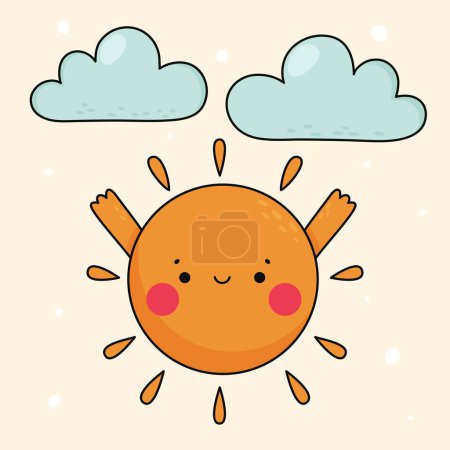 Eine fröhliche Cartoon-Sonne mit einem Lächeln und rosigen Wangen. Zwei geschwollene Wolken im Hintergrund. Niedlicher kindischer Doodle-Druck. Sonnenschein von Kawaii.