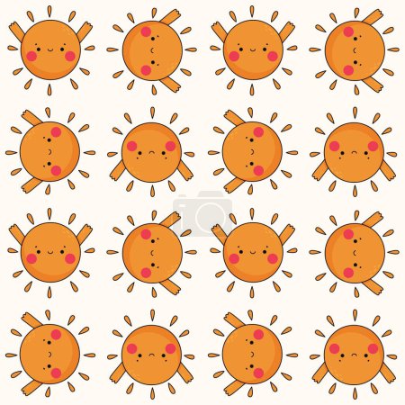 Cheerful suns in doodle style. Cute smiling sunshine with friendly faces. White background seamless pattern.