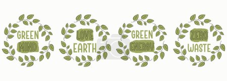 Transparente mit umweltfreundlichen Nachhaltigkeitskonzepten mit den Begriffen Green Mind, Love Earth, Green Energy und Zero Waste. Grüne Blätter symbolisieren Umweltbewusstsein und Engagement für die Gesundheit des Planeten.