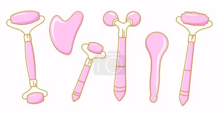 Collection of beauty instruments for skincare routines and facial massage. Rose quartz stones. A roller, gua sha tools, small massaging devices, a spoon shaped massager. Modern hand drawn vector.