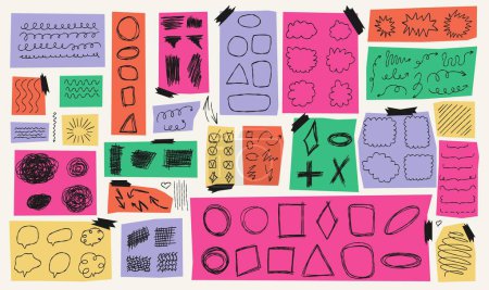 Un collage de papeles de diferentes colores con una variedad de bocetos y garabatos dibujados a mano. Líneas, formas de flechas, garabatos, marcos y trazos. Cuaderno página pluma y marcadores garabatos.