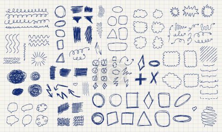 A set of hand-drawn sketches. Lines, arrows shapes, scribbles, frames and strokes. A piece of lined paper, shown a creative, abstract designs. Notebook page pen and markers doodles.
