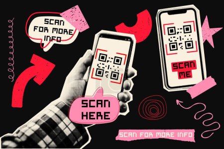 Illustration for A hand holding smartphone with QR code on screen. Scribble, torn paper, fragments of text, arrow. Contemporary halftone. Modern cut out collage. Vintage mixed media design. Retro Y2K. - Royalty Free Image