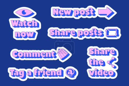 Vibrant social media call-to-action sticker set in neon hues, perfect for engaging and guiding users with trendy, clickable prompts. Y2K modern style. Watch now, New post, Comment, Share the video.