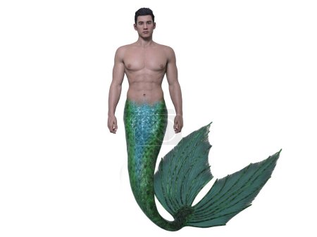 3D render: a fantasy merman creature character design, isolated on white background