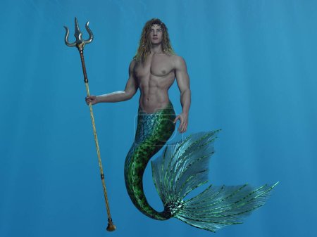 3D render: a fantasy merman creature character is under the deep blue sea, poseidon god of the sea character design concept