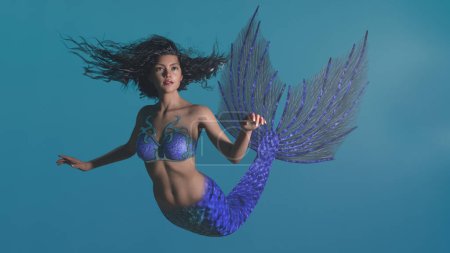 3D render: un personaje de criatura sirena de fantasía está nadando bajo el profundo mar azul