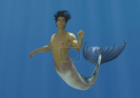 3D render: un personaje de criatura merman está nadando en el mar azul profundo