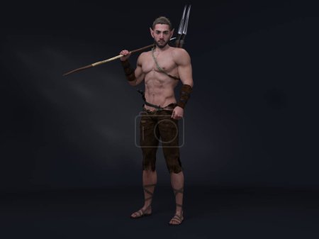 3D Render: retrato del personaje de fantasía de elfo macho parado en el estudio armado con lanza