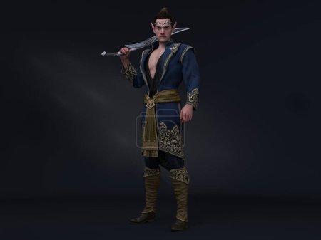 3D Render : portrait du personnage d'elfe masculin fantasmé debout dans le studio armé d'une épée