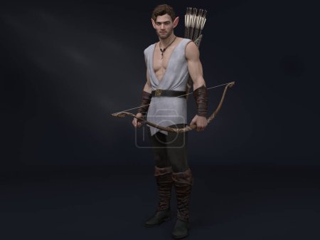Foto de 3D Render: retrato del personaje de fantasía de elfo macho parado en el estudio armado con arco y flechas - Imagen libre de derechos