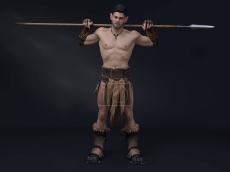 3D Render: Porträt der männlichen Fantasy-Elfenfigur, die mit Speer bewaffnet im Studio steht