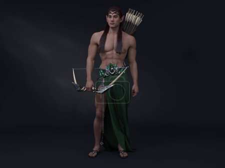 Foto de 3D Render: retrato del personaje elfo masculino de fantasía parado en el estudio armado con arco y flecha - Imagen libre de derechos