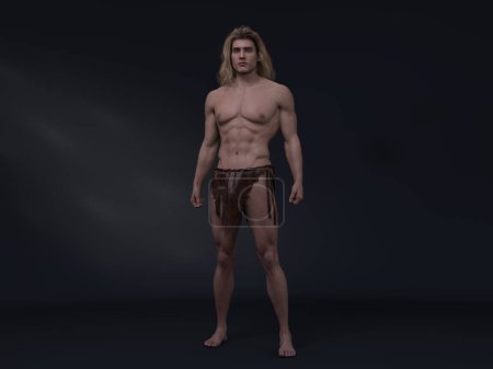 3D Render: retrato del personaje masculino de fantasía Tarzán filmado en el fondo del estudio