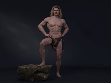 3D Render: Porträt der männlichen Tarzan-Figur steht akimbo im Studio-Hintergrund mit einer Felsplattform, um sein Bein zu stützen
