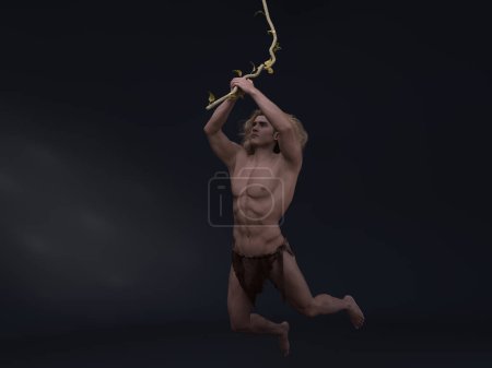 Téléchargez les photos : 3D Render : portrait de Tarzan mâle fantasmé tourné en studio avec de la vigne, de la liane, des plantes rampantes comme accessoire - en image libre de droit