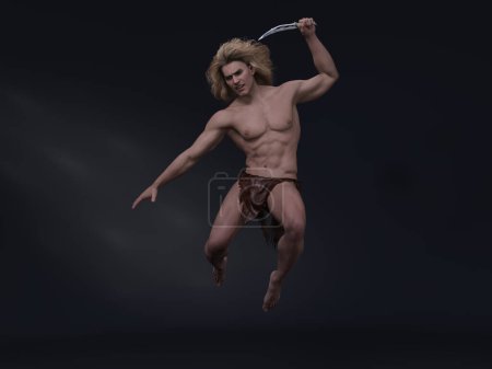 Téléchargez les photos : 3D Render : portrait du personnage Tarzan masculin fantasmé saute en arrière-plan du studio avec un couteau à la main - en image libre de droit