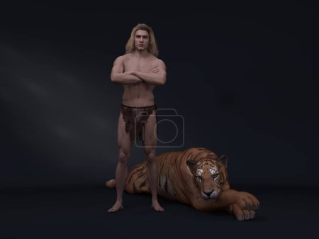 Téléchargez les photos : 3D Render : portrait du personnage Tarzan masculin fantasmé tourné en studio avec le tigre allongé sur le sol - en image libre de droit