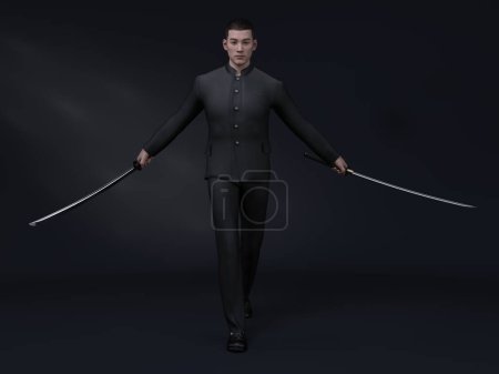 Téléchargez les photos : 3D Render : un personnage d'un combattant masculin animé portant l'uniforme d'étudiant de style japonais et tenant le long sabre katana - en image libre de droit