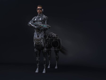 Téléchargez les photos : 3D render : portrait of futuristic male centaur armed with gun weapon, cyberpunk concept - en image libre de droit