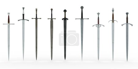 Foto de 3D Render: colección de diferentes tipos de espada vikinga medieval hoja aislada sobre fondo blanco, camino de recorte incluido - Imagen libre de derechos
