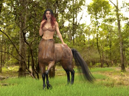 Téléchargez les photos : Rendu 3D : un portrait de la belle centaure femelle posant son corps avec le fond de la forêt - en image libre de droit