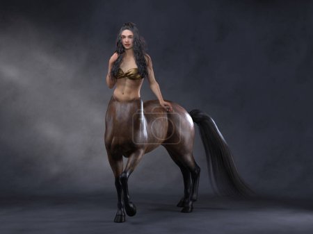 Téléchargez les photos : Rendu 3D : un portrait de la belle centaure femelle posant son corps avec flèche et arc en arrière-plan studio - en image libre de droit