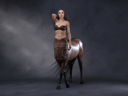 Téléchargez les photos : Rendu 3D : un portrait de la belle centaure femelle posant son corps avec flèche et arc en arrière-plan studio - en image libre de droit