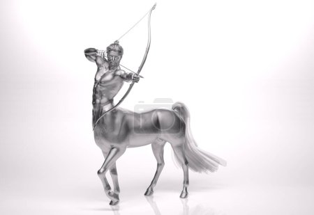 3D-Rendering: Porträt des silbernen Zentauren, der seinen Körper mit Pfeil und Bogen vor dem Studiohintergrund posiert