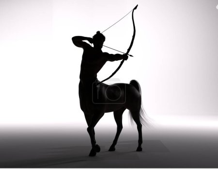 Téléchargez les photos : Rendu 3D : un portrait de la silhouette mâle centaure posant son corps avec la flèche et arc le fond du studio - en image libre de droit