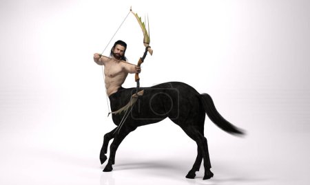 Téléchargez les photos : Rendu 3D : un portrait du beau centaure mâle posant son corps avec flèche et arc en arrière-plan studio - en image libre de droit