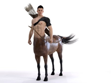 3D-Rendering: Porträt des hübschen männlichen Zentauren, der seinen Körper mit Pfeil und Bogen im Studiohintergrund posiert