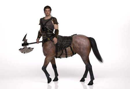 Téléchargez les photos : Rendu 3D : un portrait du beau centaure mâle posant son corps avec flèche et arc en arrière-plan studio - en image libre de droit