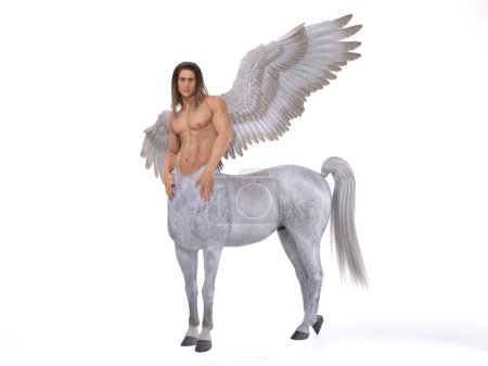 Téléchargez les photos : Rendu 3D : un portrait du beau centaure masculin posant son corps avec des ailes le fond du studio - en image libre de droit
