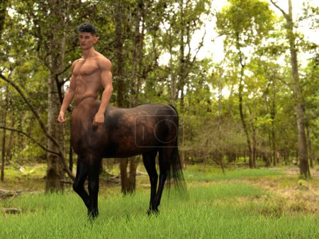Téléchargez les photos : 3D Render : portrait du beau centaure masculin dans la forêt - en image libre de droit