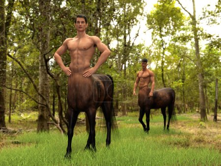Téléchargez les photos : 3D Render : portrait de beaux centaures mâles dans la forêt - en image libre de droit