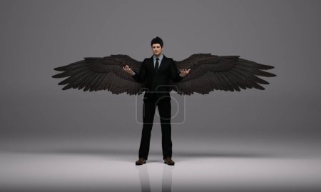 Foto de Representación en 3D: un hombre de pie con un par de alas en la espalda y un anillo en la cabeza, posan en traje de negocios negro - Imagen libre de derechos