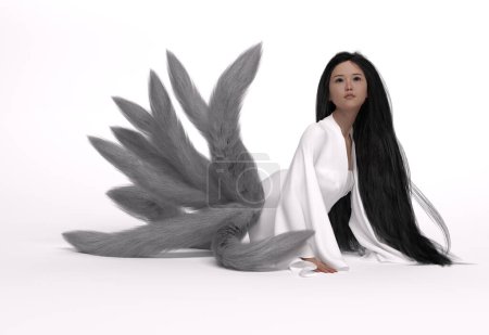 Photo for 3D Rendering : A portrait of the female nine tailed fox, a pinup of female 9 tailed fox posing in the studio - Royalty Free Image