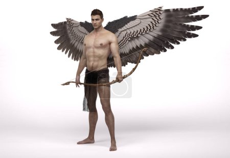 3D Render: Retrato del guapo guerrero ángel macho con alas con el fondo blanco aislado, concepto pin-up