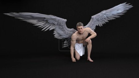3D Render: Porträt eines gut aussehenden Krieger männlichen Engels mit Flügeln mit dem weißen isolierten Hintergrund, Pin-up-Konzept