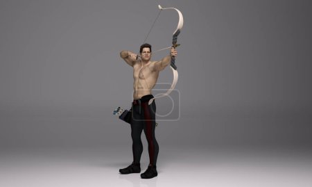 3D Render : A shirtless male archer pose practicing archery in the studio with wood bow