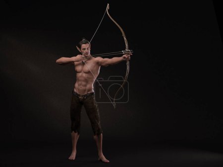 Photo for 3D Rendering : A portrait of the elf male character standing with a wood bow and arrow in his hands - Royalty Free Image